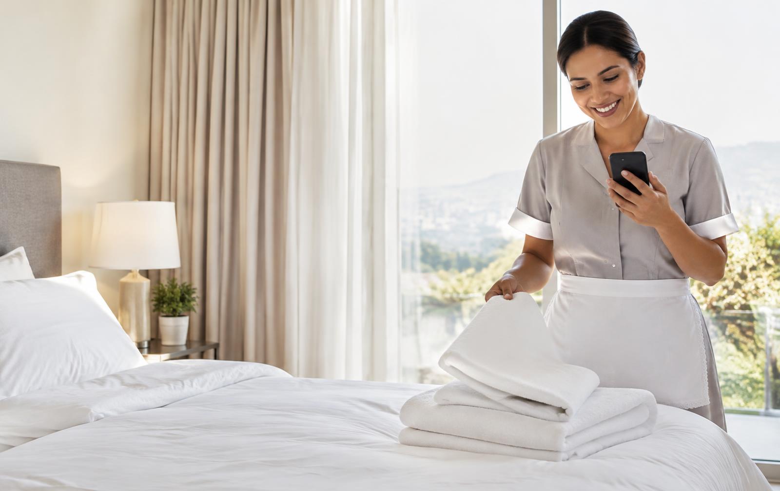 Housekeeper arranging towels and checking a task on her phone