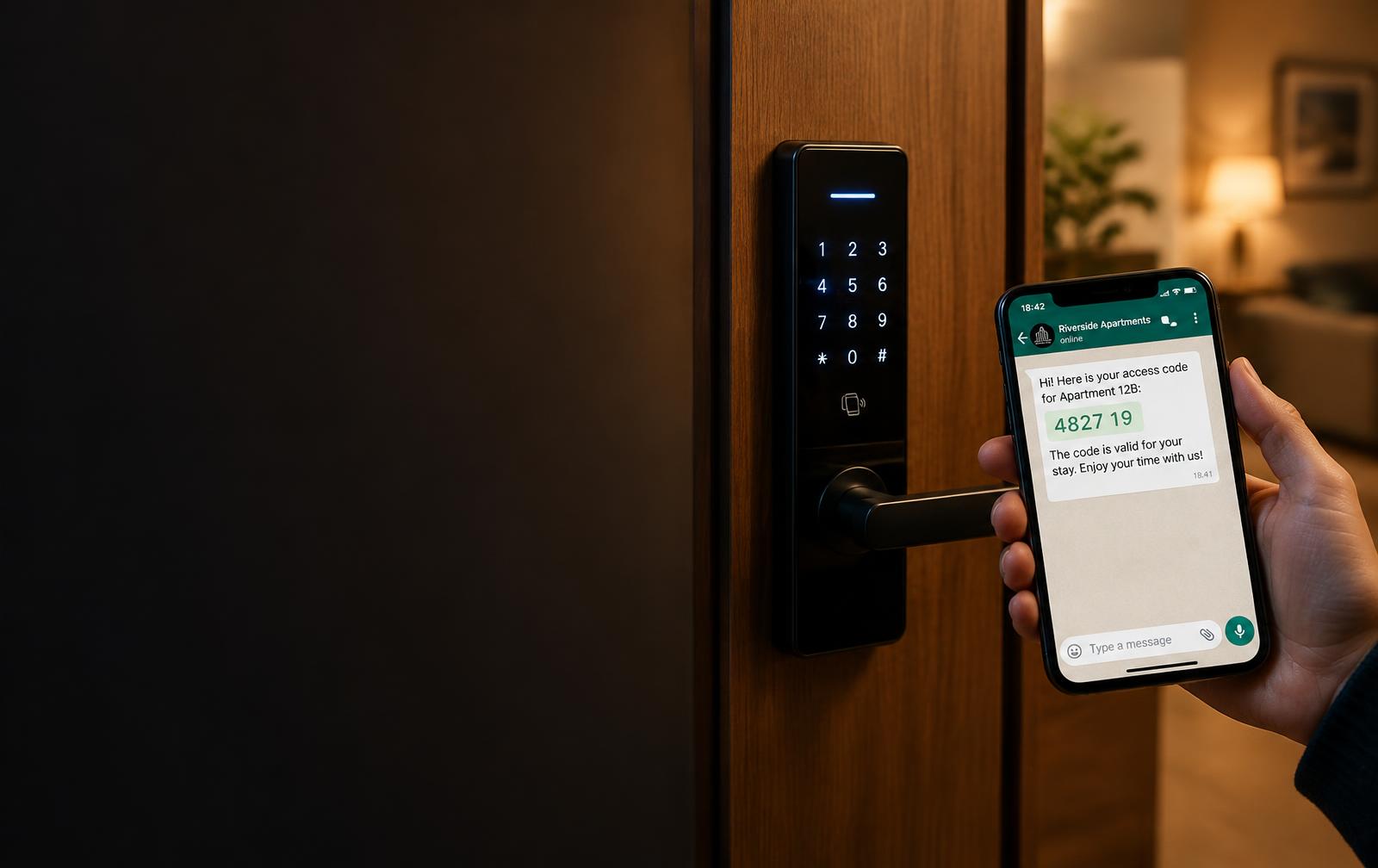 Smart keypad lock and phone showing an access code